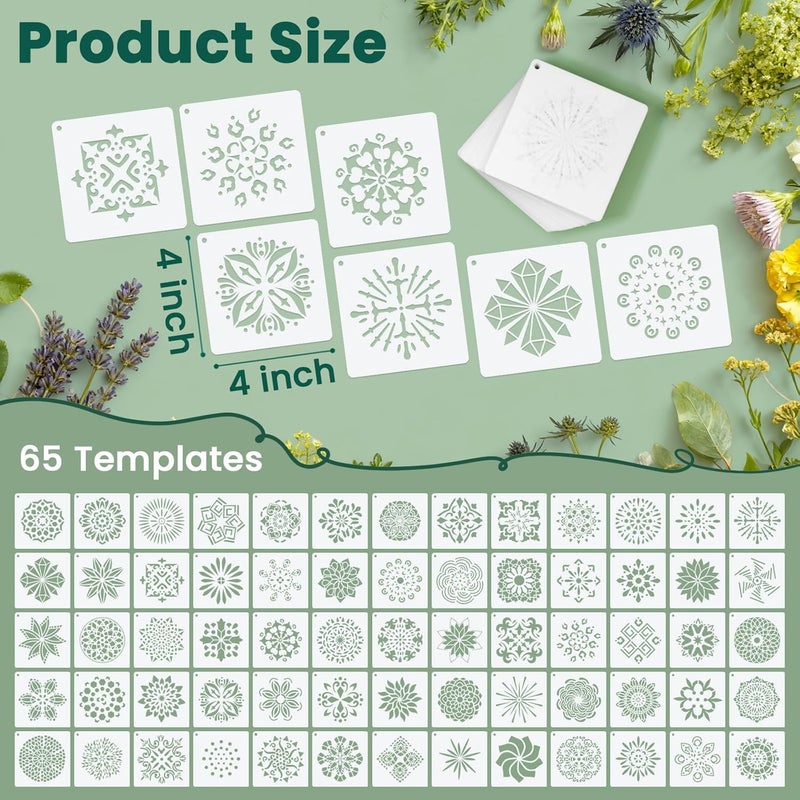 Amrules 65 Pcs Painting Stencils, Mandala Theme Drawing Templates Set for Crafts, Reusable DIY Art Stencil Sets for Wood, Walls, Cards, Fabrics, Rocks and Home Decoration, 4 x 4 Inch - Image 2